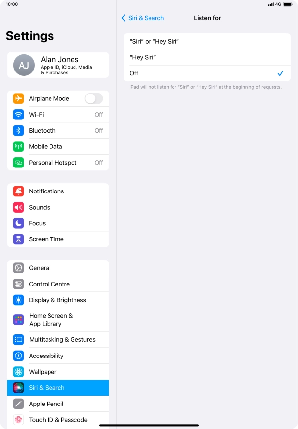 Press the required setting to turn the function on or off. If you turn on the function, you need to follow the instructions on the screen to set up Siri to recognise your voice.