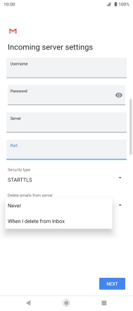 Press Never to keep email messages on the server when you delete them on your phone.