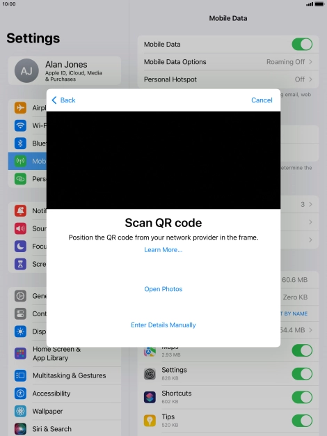 Place the QR code you've received inside the tablet camera frame to scan the code. Your eSIM is transferred to your new tablet over the internet.