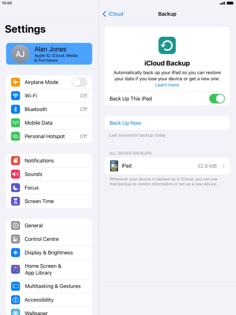 Press Back Up Now and wait while the tablet memory is backed up.