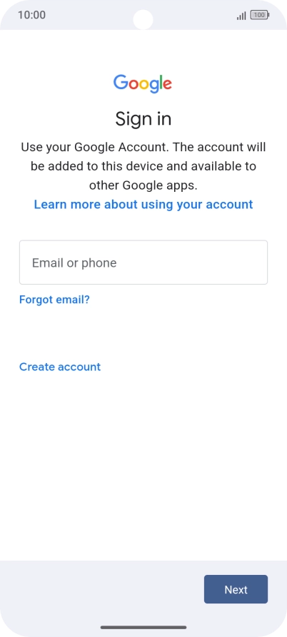 If you don't have a Google account, press Create account and follow the instructions on the screen to create an account.