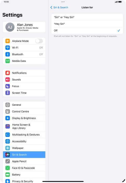 Press the required setting to turn the function on or off. If you turn on the function, you need to follow the instructions on the screen to set up Siri to recognise your voice.