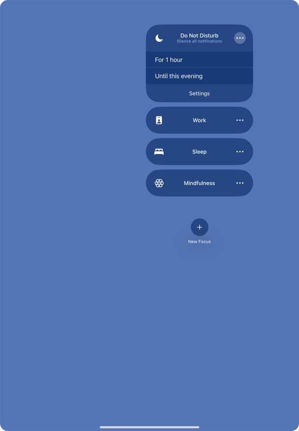 Press the required setting to activate the selected focus mode for a specified period of time or until you leave your current location.