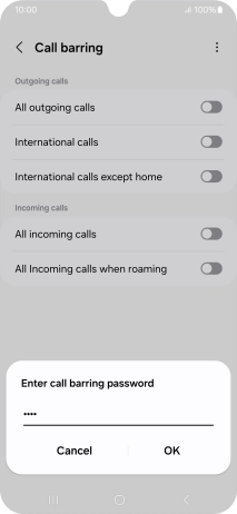 Key in your barring password and press OK. The default barring password is 1919.
