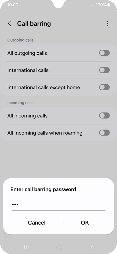 Key in your barring password and press OK. The default barring password is 1919.