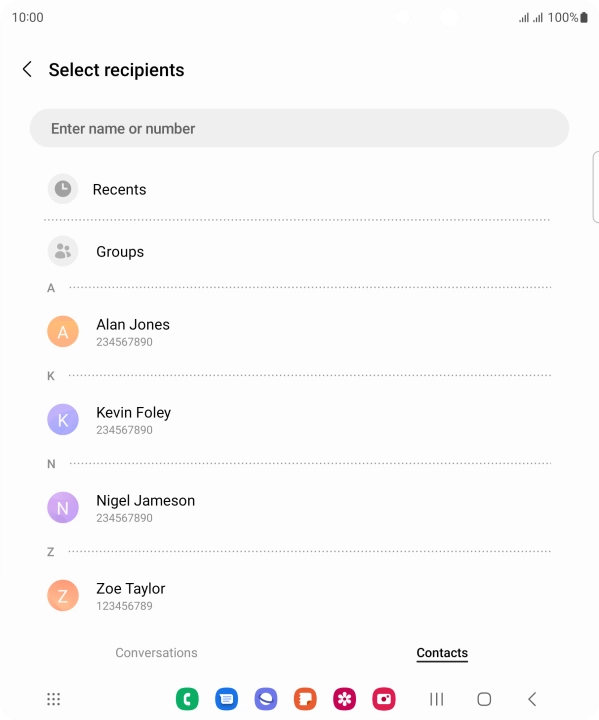 Press the search field and key in the first letters of the recipient's name.