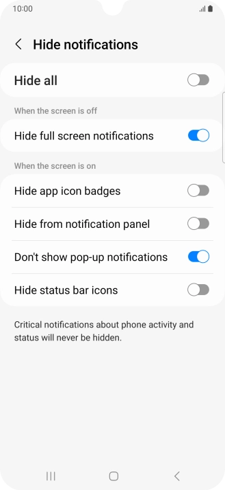 Press the indicators next to the required settings to turn display of the selected notification types on or off.