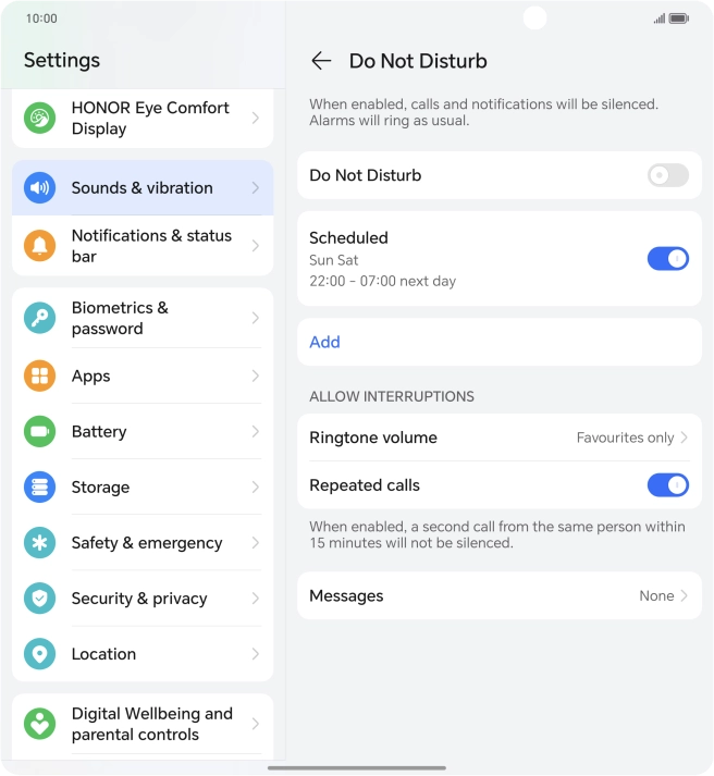 Follow the instructions on the screen to select settings for automatic activation of Do Not Disturb.