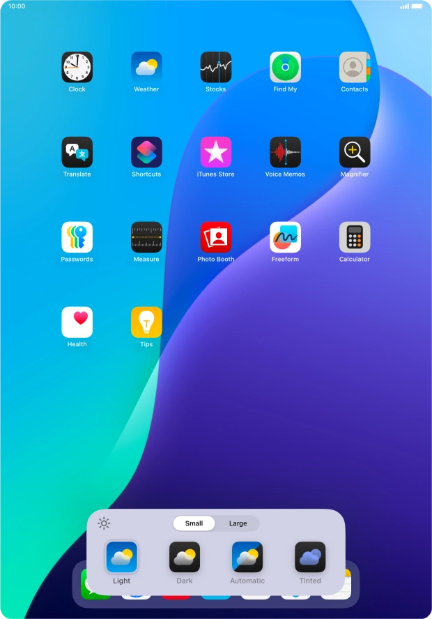 Press the required setting to select the size of app icons on the home screen.