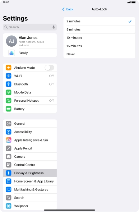 Press the required setting.