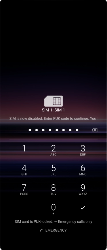 Key in the PUK and press the confirm icon.