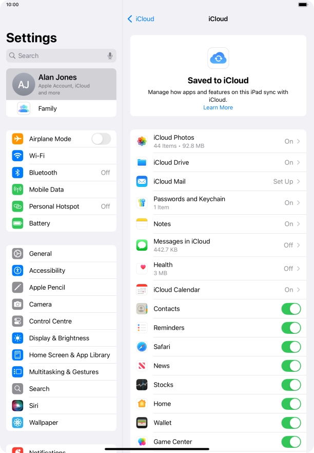 Press the indicators next to the required data types to turn synchronisation of each data type on or off.