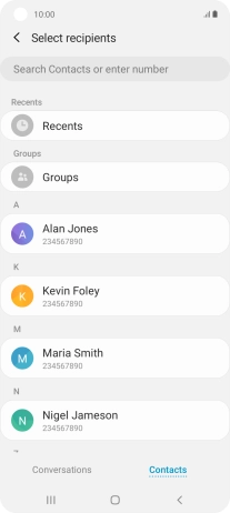 Press the search field and key in the first letters of the recipient's name.