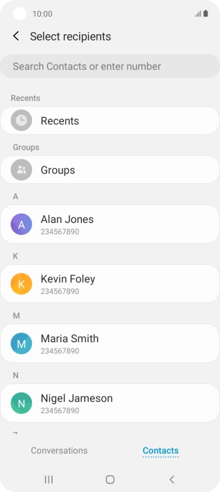 Press the search field and key in the first letters of the recipient's name.