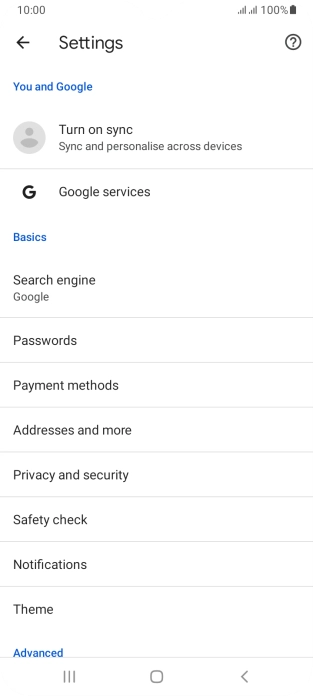 Press Privacy and security.