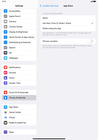 Press the required setting to turn the function on or off.