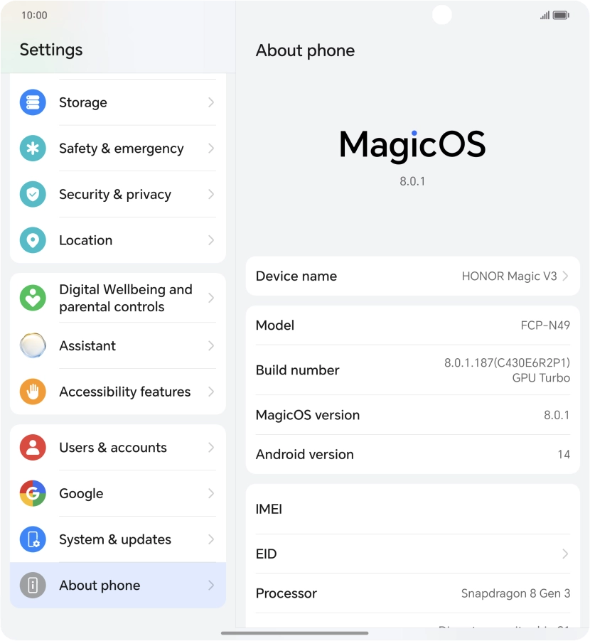Your phone's software version is displayed next to Android version.