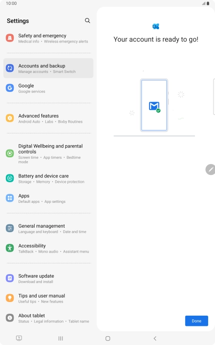 If this screen is displayed, your email account has been recognised and is being set up automatically. Follow the instructions on the screen to key in more information and finish setting up your tablet.