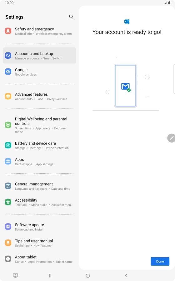 If this screen is displayed, your email account has been recognised and is being set up automatically. Follow the instructions on the screen to key in more information and finish setting up your tablet.