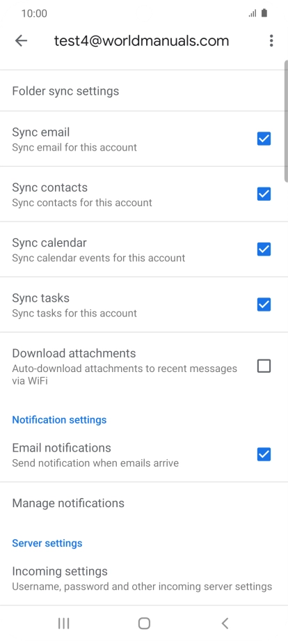 Press the fields next to the required data types to turn synchronisation on or off.