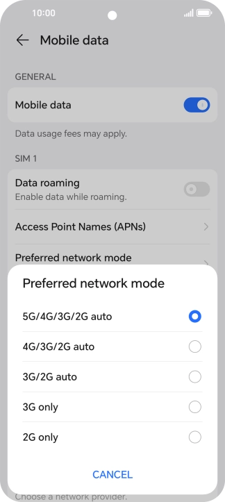 Press the required network mode.