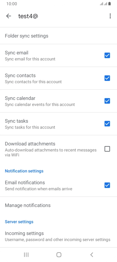 Press the fields next to the required data types to turn synchronisation on or off.