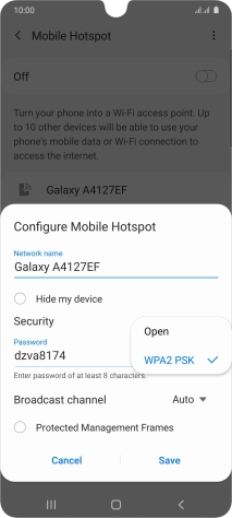 Press WPA2 PSK to password protect your Wi-Fi hotspot.