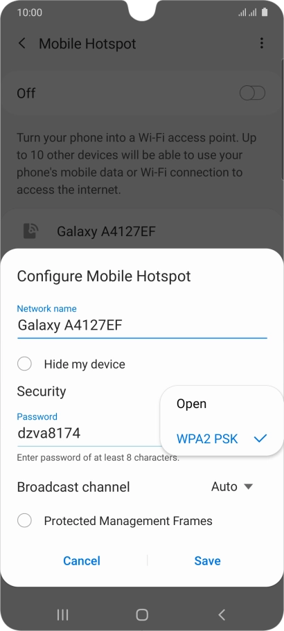 Press WPA2 PSK to password protect your Wi-Fi hotspot.