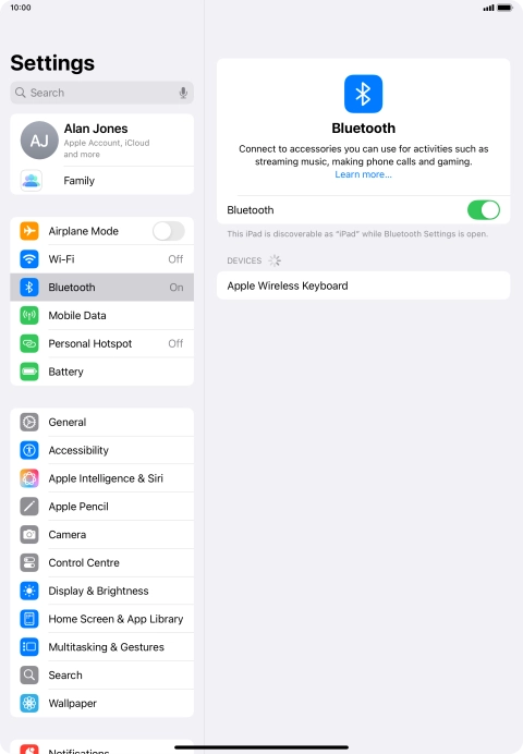 Press the required Bluetooth device and follow the instructions on the screen to pair the device with your tablet.