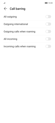 Press the indicator next to the required barring type to turn the function on or off.