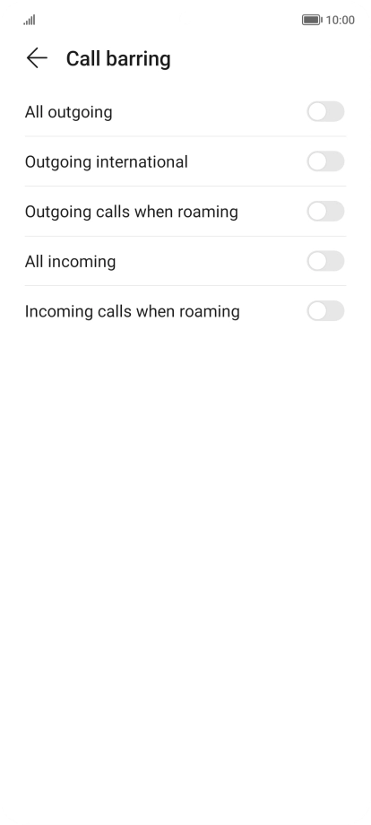 Press the indicator next to the required barring type to turn the function on or off.