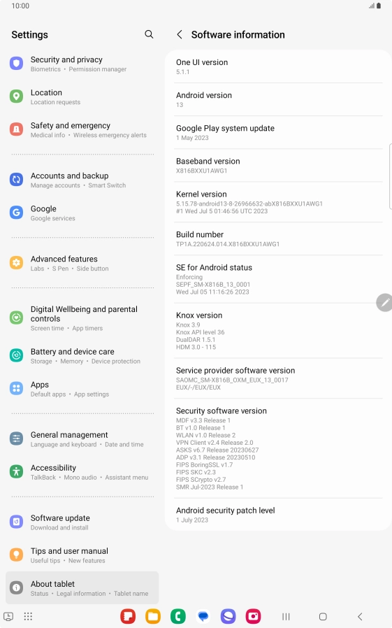 Your tablet's software version is displayed below Android version.