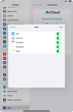 Press the indicators next to the required data types to turn synchronisation of each data type on or off.
