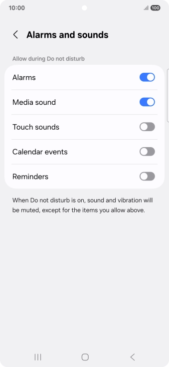 Press the required settings to turn sound and vibration for the selected functions on or off.
