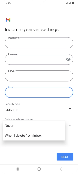 Press Never to keep email messages on the server when you delete them on your phone.