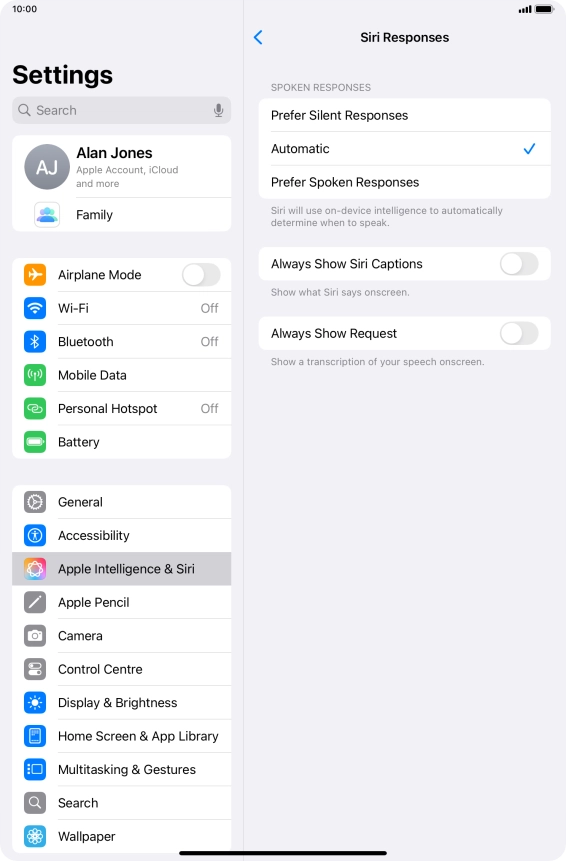 Press the required setting.
