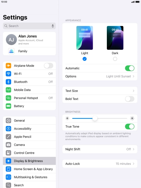 If you turn on the function, press Options and follow the instructions on the screen to select the required period of time for Dark Mode.
