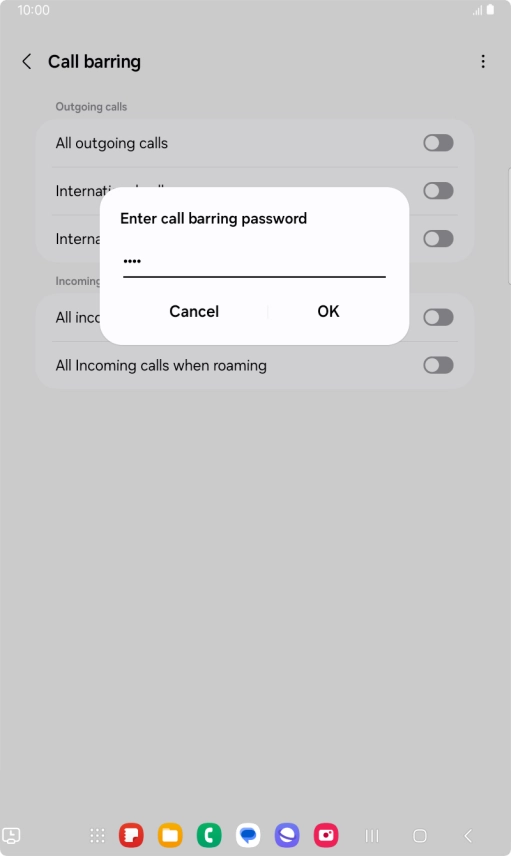 Key in your barring password and press OK. The default barring password is 1919.