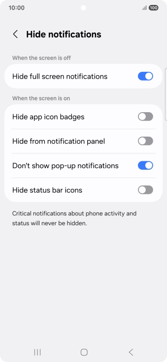 Press the indicators next to the required settings to turn display of the selected notification types on or off.