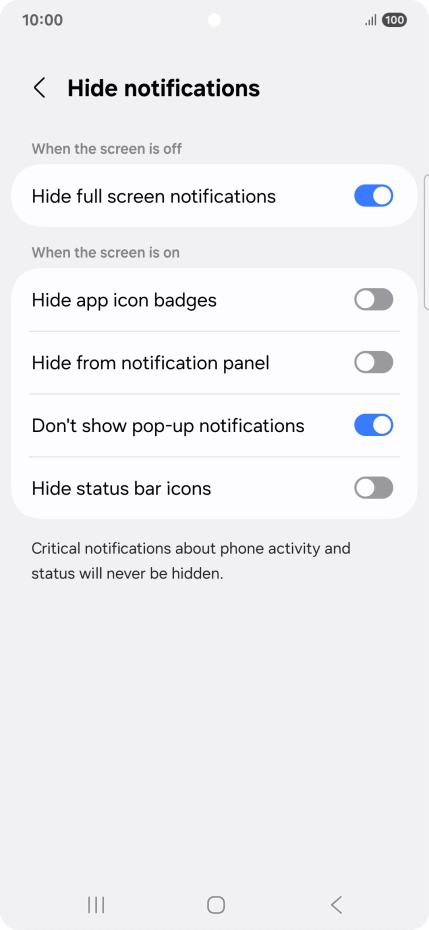 Press the indicators next to the required settings to turn display of the selected notification types on or off.