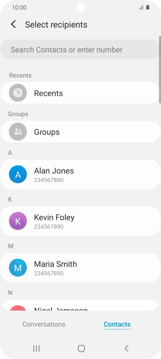 Press the search field and key in the first letters of the recipient's name.