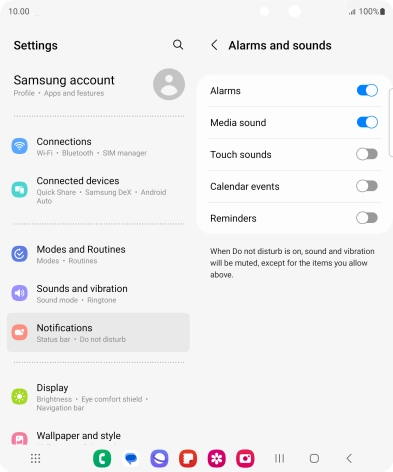 Press the required settings to turn sound and vibration for the selected functions on or off.