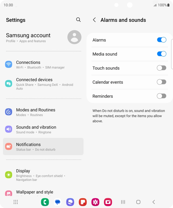 Press the required settings to turn sound and vibration for the selected functions on or off.