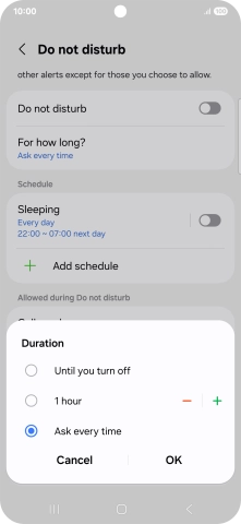 Press the required setting.
