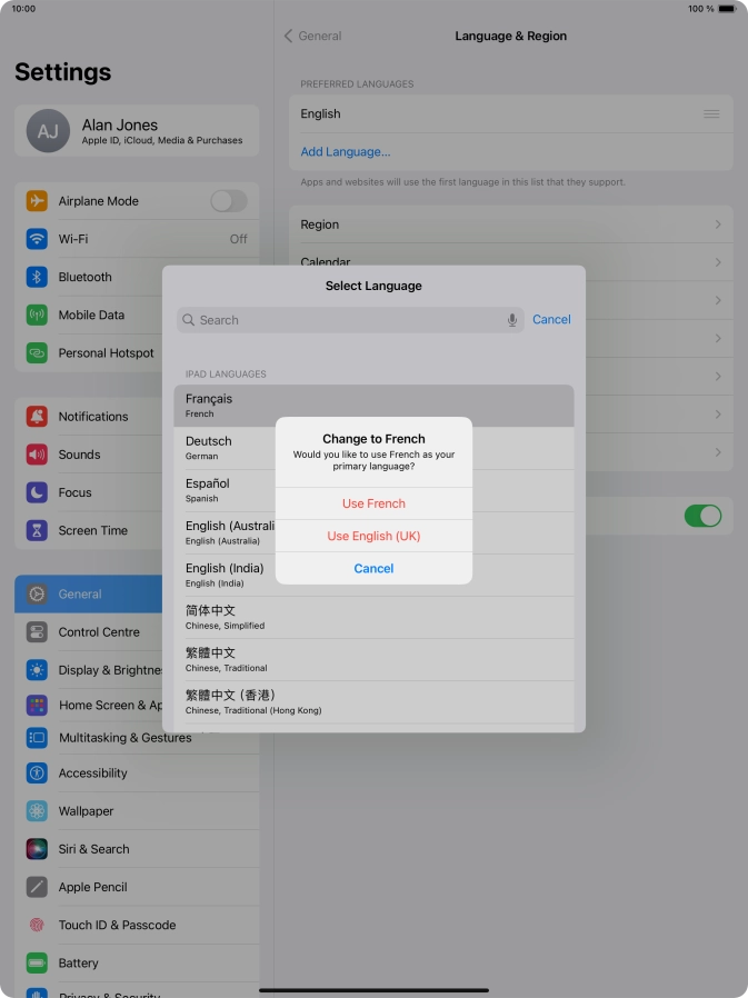 To select the new language as the default tablet language, press Use ‹language›.