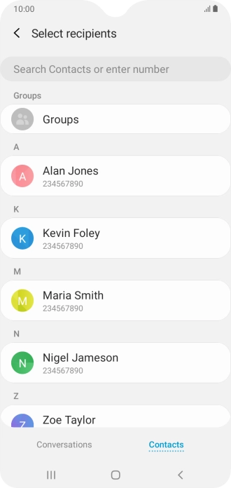 Press the search field and key in the first letters of the recipient's name.