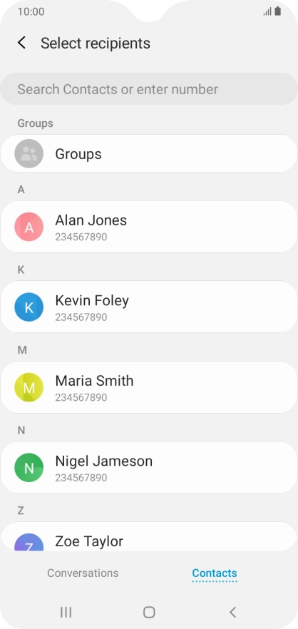 Press the search field and key in the first letters of the recipient's name.