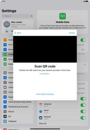 Place the QR code you've received inside the tablet camera frame to scan the code. If you’ve deleted your eSIM, you can re-add it using your existing QR code. If you’re having problems, see our FAQ.