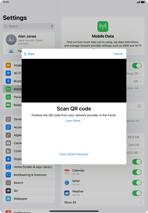 Place the QR code you've received inside the tablet camera frame to scan the code. If you’ve deleted your eSIM, you can re-add it using your existing QR code. If you’re having problems, see our FAQ.