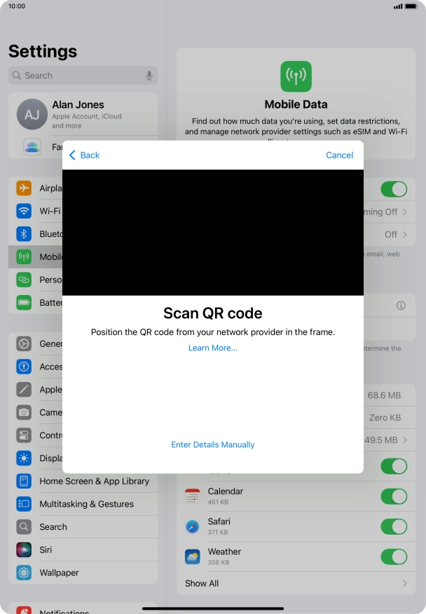 Place the QR code you've received inside the tablet camera frame to scan the code. If you’ve deleted your eSIM, you can re-add it using your existing QR code. If you’re having problems, see our FAQ.